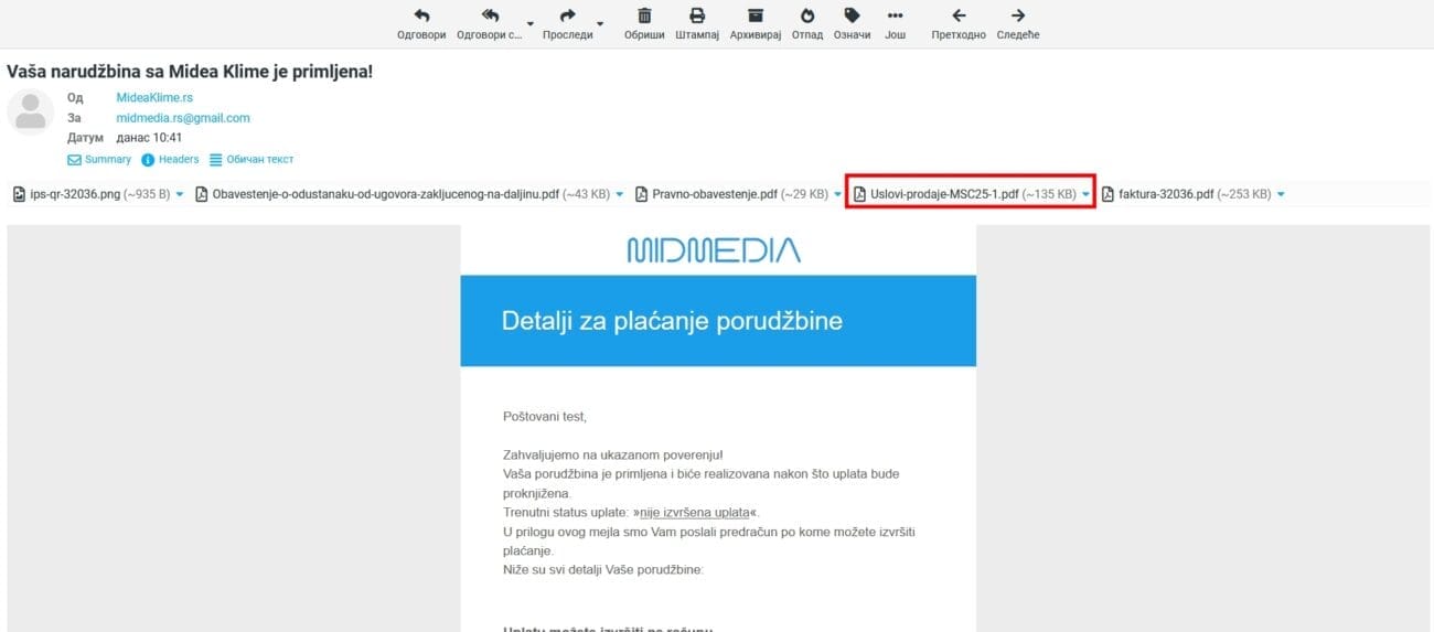 Potvrda prijema porudžbine i saglasnost sa uslovima  Natpis (ispod slike): U samom tekstu potvrdnog mejla jasno je naznačeno da je porudžbina primljena, da uplata još uvek nije izvršena i da se porudžbina realizuje u skladu sa Uslovima prodaje. U donjem delu mejla stoji i izjava da se kupac slanjem porudžbine izričito saglasio sa uslovima korišćenja/prodaje, što dodatno potvrđuje da je o njima bio obavešten.  Opis: Ovaj mejl služi kao pisana potvrda da je ugovor zaključen elektronskim putem. Pored statusa porudžbine, kupcu se daje i jasan pravni tekst o tome da je prihvatio uslove prodaje, kao i uputstvo da se u slučaju bilo kakvih nejasnoća obrati na navedeni kontakt mejl.