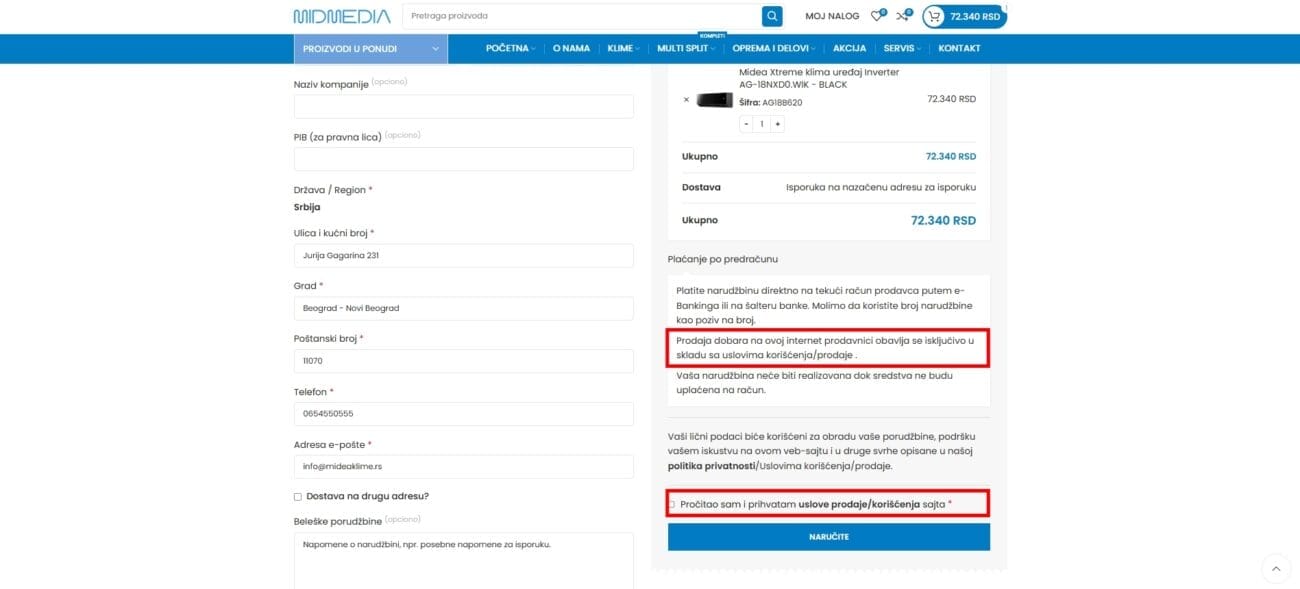 Stranica plaćanja – obavezno prihvatanje uslova  Natpis (ispod slike): Na stranici „korpe/plaćanja“ jasno piše da se prodaja dobara na ovoj internet prodavnici obavlja isključivo u skladu sa Uslovima korišćenja/prodaje, a porudžbina se tehnički može poslati tek nakon što kupac obavezno čekira polje „Pročitao sam i prihvatam uslove prodaje/korišćenja sajta“. Dakle, bez prihvatanja uslova porudžbina uopšte ne može da bude izvršena.  Opis: Ovaj korak nesporno pokazuje da je kupac pre slanja porudžbine video obaveštenje o uslovima prodaje i da je morao aktivno da potvrdi saglasnost sa njima (čekiranjem polja), što je standardna i zakonski prihvaćena praksa u elektronskoj trgovini.